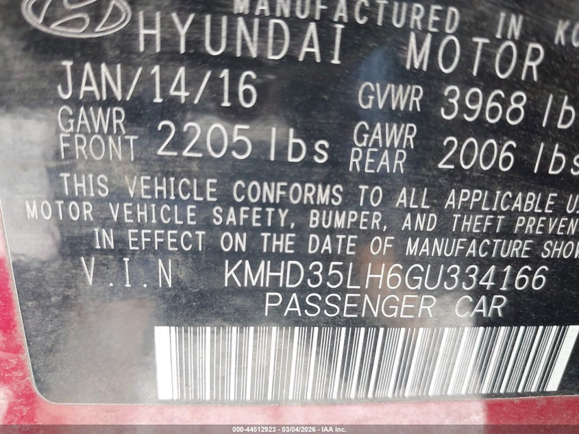 2016 Hyundai Elantra Gt VIN: KMHD35LH6GU334166 Lot: 44512923