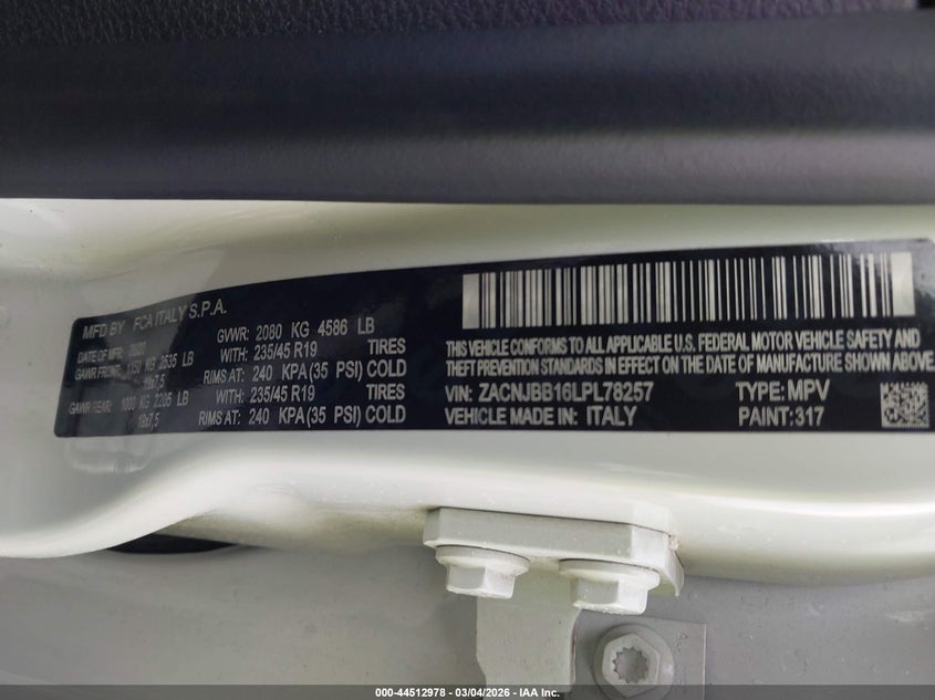 2020 Jeep Renegade High Altitude 4X4 VIN: ZACNJBB16LPL78257 Lot: 44512978