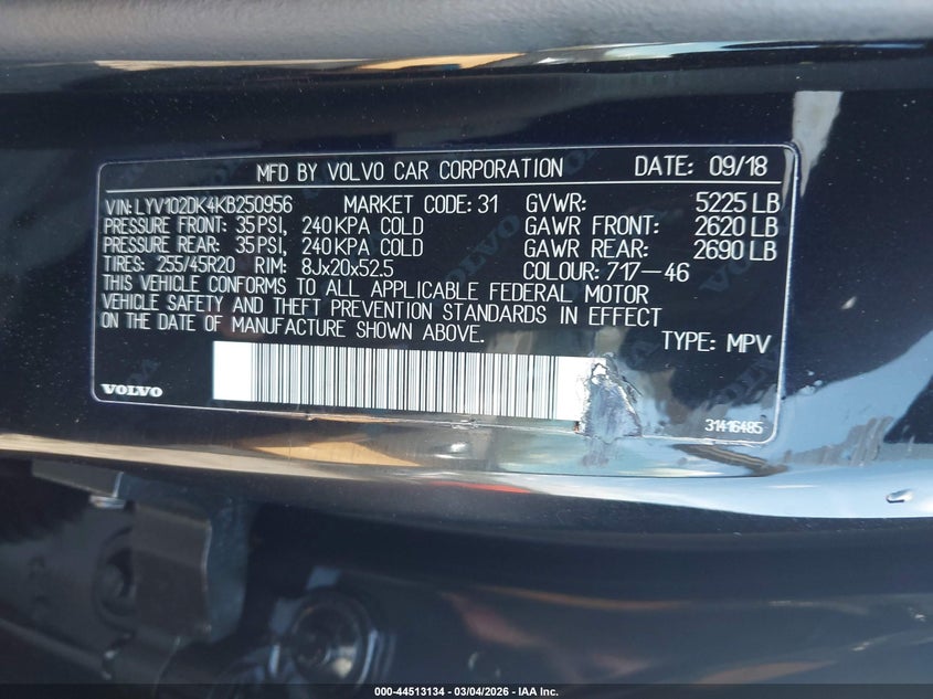 2019 Volvo Xc60 T5 Momentum VIN: LYV102DK4KB250956 Lot: 44513134