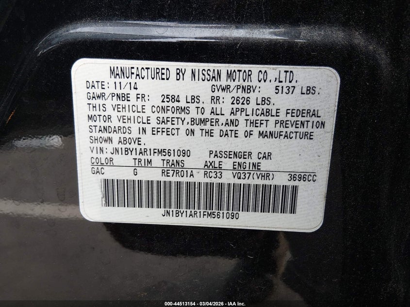 2015 Infiniti Q70 3.7X VIN: JN1BY1AR1FM561090 Lot: 44513154