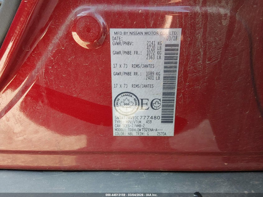 VIN 5N1AT2MV9JC777480 2018 NISSAN ROGUE S/SL/SV