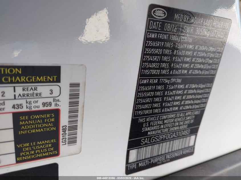 2016 Land Rover Range Rover 3.0L V6 Supercharged Hse VIN: SALGS2PF0GA310483 Lot: 44513356