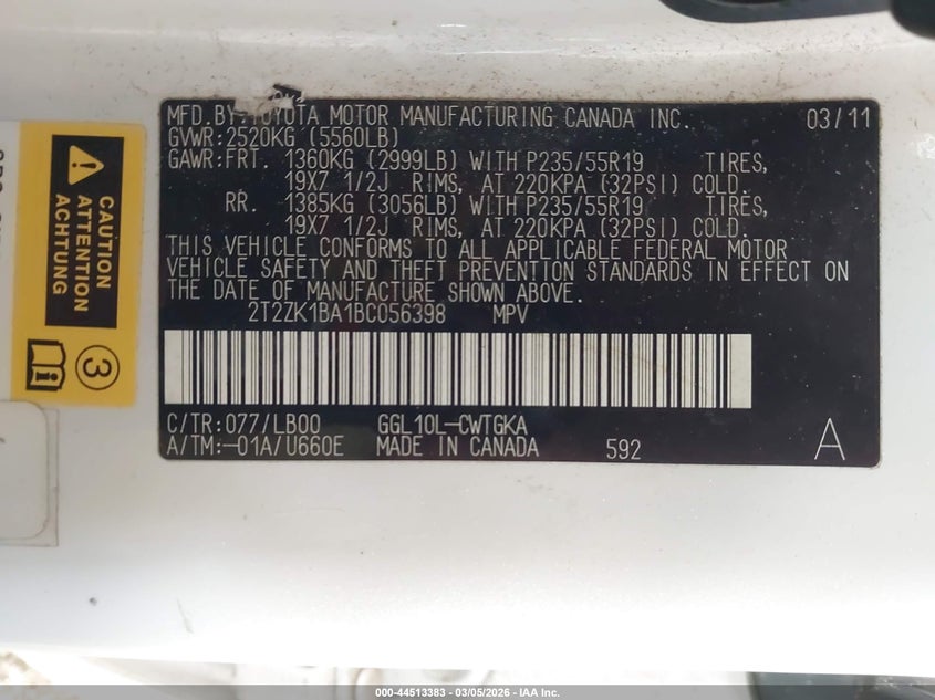 2011 Lexus Rx 350 VIN: 2T2ZK1BA1BC056398 Lot: 44513383