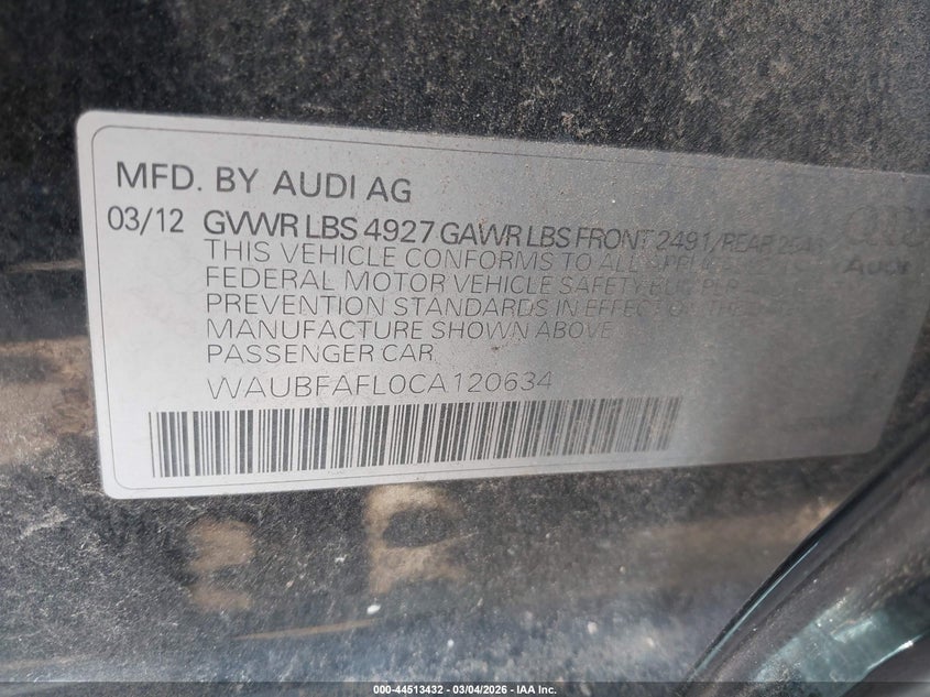 2012 Audi A4 2.0T Premium VIN: WAUBFAFL0CA120634 Lot: 44513432