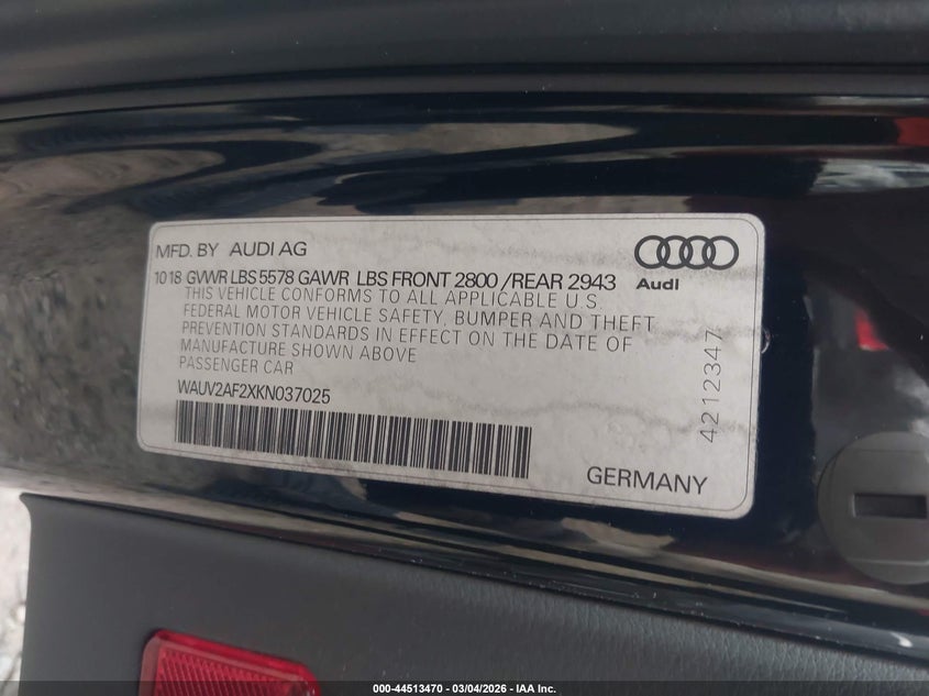 2019 Audi A7 55 Premium VIN: WAUV2AF2XKN037025 Lot: 44513470