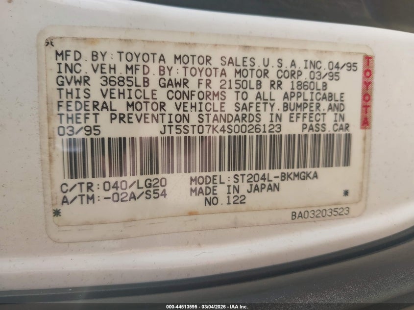 1995 Toyota Celica Gt VIN: JT5ST07K4S0026123 Lot: 44513595