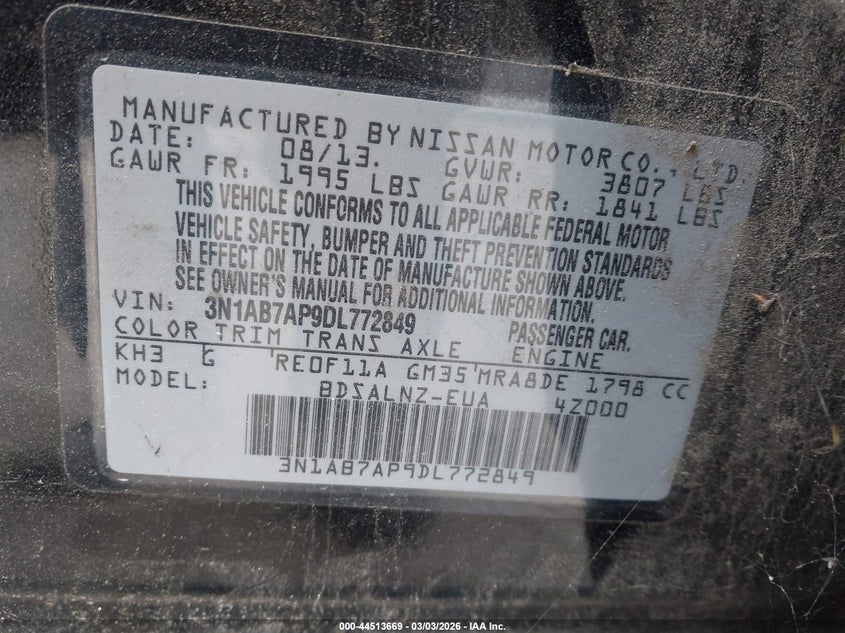 NISSAN SENTRA 2013 VIN 3N1AB7AP9DL772849
