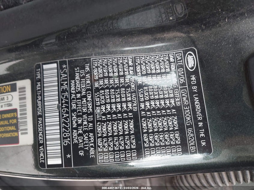 2006 Land Rover Range Rover Hse VIN: SALME15446A222816 Lot: 44513673