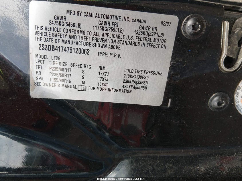 2007 Suzuki Xl7 Luxury VIN: 2S3DB417476120062 Lot: 44513802