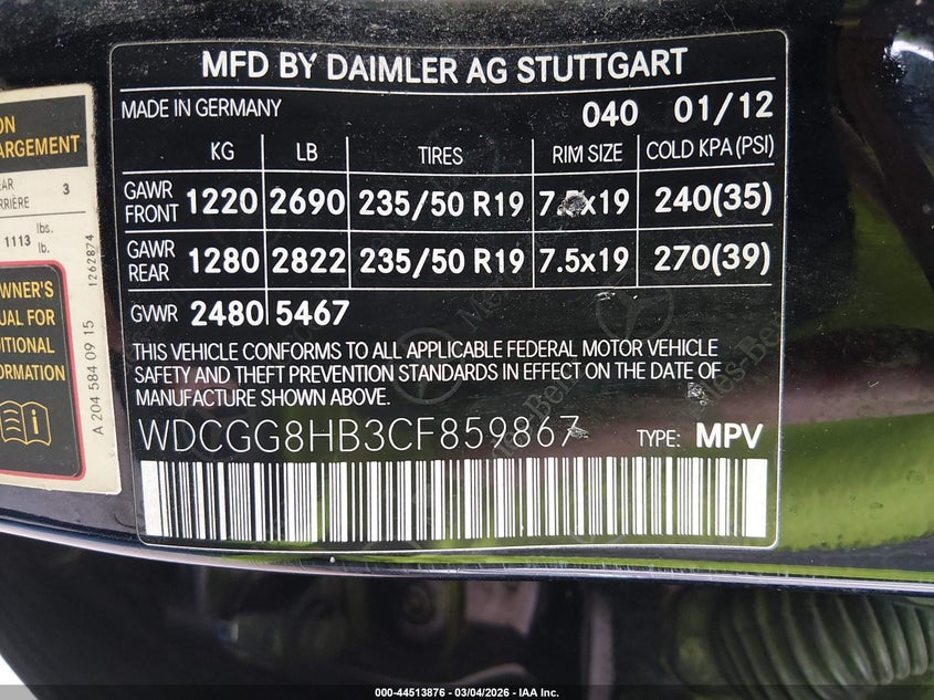 2012 Mercedes-Benz Glk 350 4Matic VIN: WDCGG8HB3CF859867 Lot: 44513876