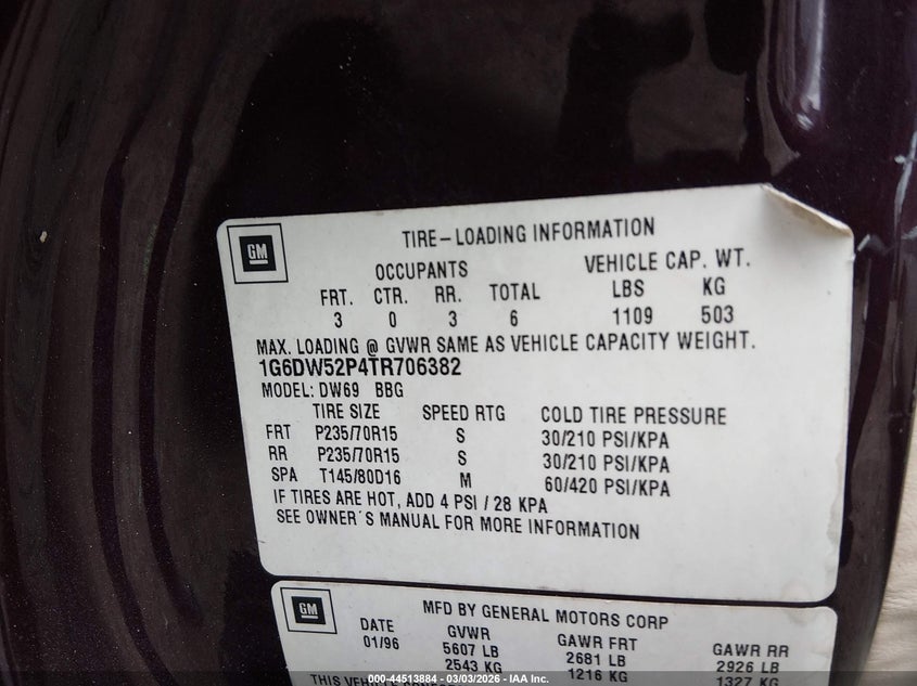1996 CADILLAC FLEETWOOD SEDAN 5.7L V8 FI OHV F