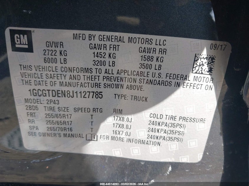 VIN 1GCGTDEN8J1127785 2018 CHEVROLET COLORADO Z71