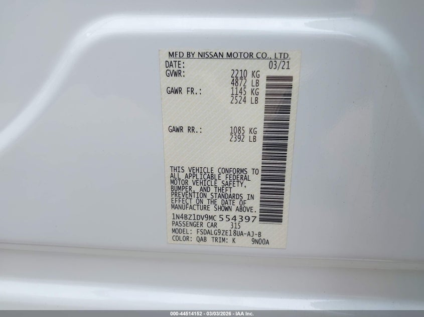 2021 Nissan Leaf Sl Plus 62 Kwh VIN: 1N4BZ1DV9MC554397 Lot: 44514152