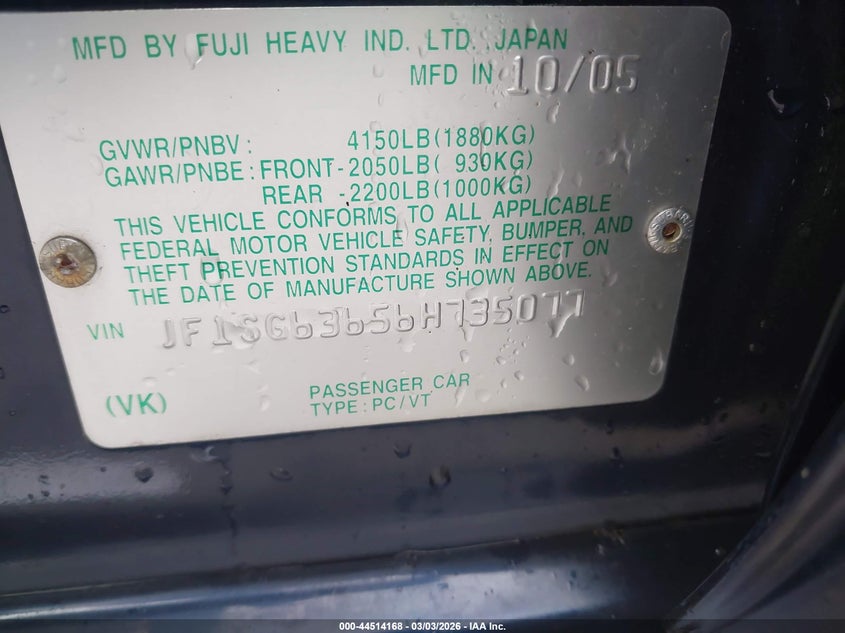 2006 Subaru Forester 2.5X VIN: JF1SG63656H735077 Lot: 44514168