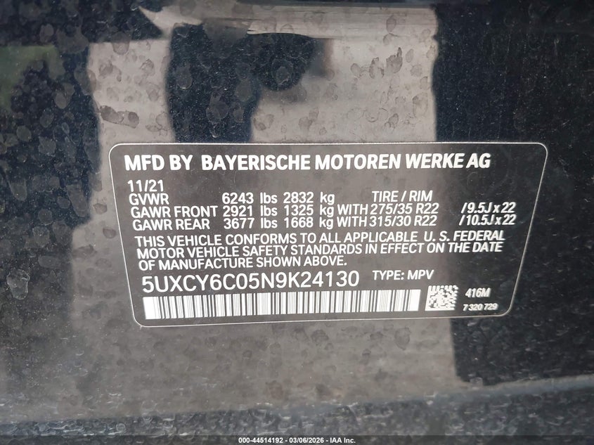 2022 BMW X6 xDrive40I VIN: 5UXCY6C05N9K24130 Lot: 44514192