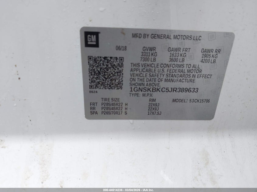 2018 Chevrolet Tahoe Lt VIN: 1GNSKBKC5JR389633 Lot: 44514236
