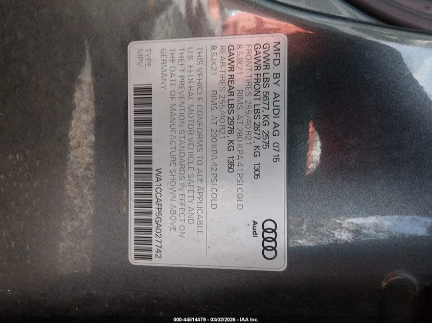 2016 Audi Sq5 3.0T Premium Plus VIN: WA1CCAFP5GA027742 Lot: 44514479