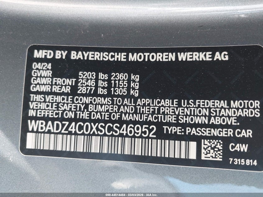 2025 BMW 840I xDrive VIN: WBADZ4C0XSCS46952 Lot: 44514484