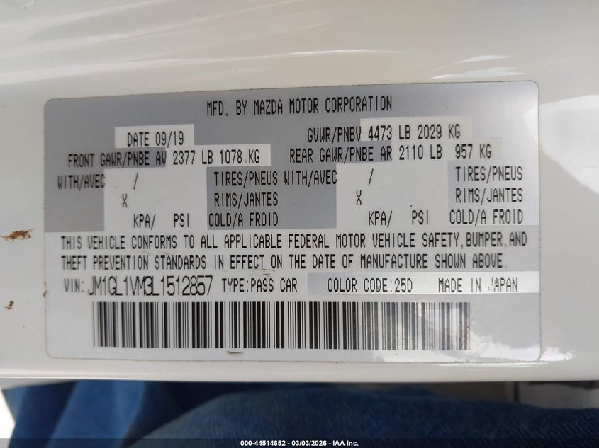 2020 Mazda Mazda6 Touring VIN: JM1GL1VM3L1512857 Lot: 44514652