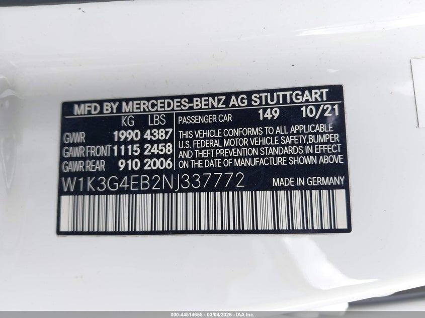 2022 Mercedes-Benz A 220 VIN: W1K3G4EB2NJ337772 Lot: 44514655