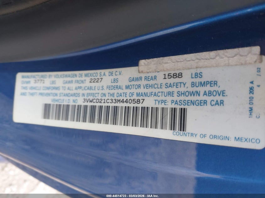 2003 Volkswagen New Beetle Gls 1.8T VIN: 3VWCD21C33M440587 Lot: 44514723