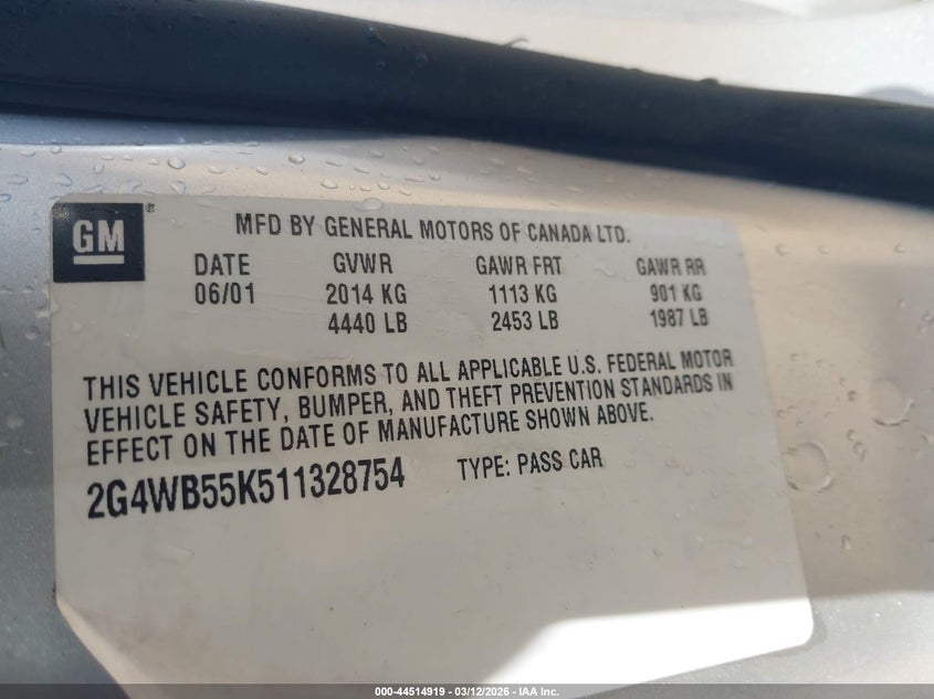 2001 Buick Regal Ls VIN: 2G4WB55K511328754 Lot: 44514919