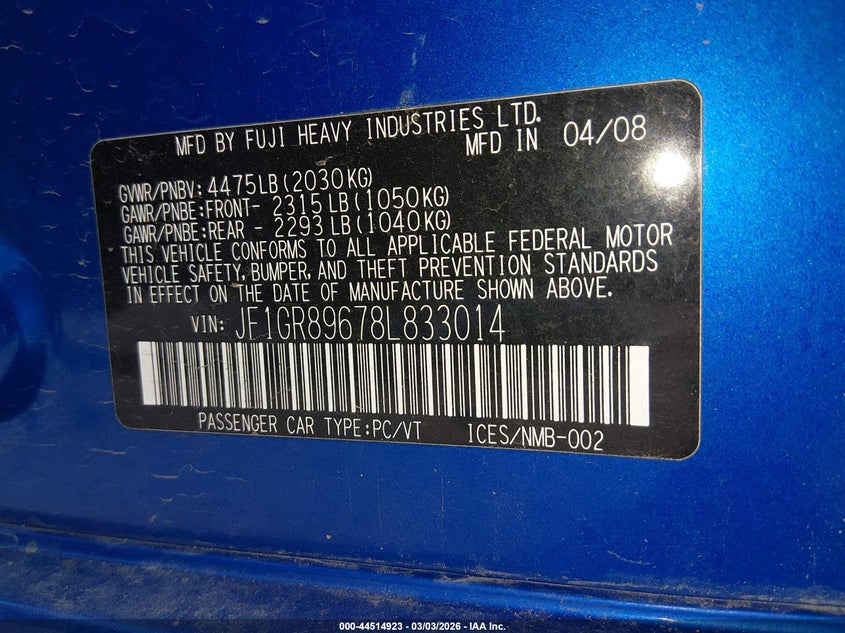 2008 Subaru Impreza Wrx Sti VIN: JF1GR89678L833014 Lot: 44514923