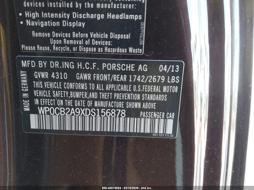 2013 Porsche 911 Carrera 4S VIN: WP0CB2A9XDS156878 Lot: 44515084