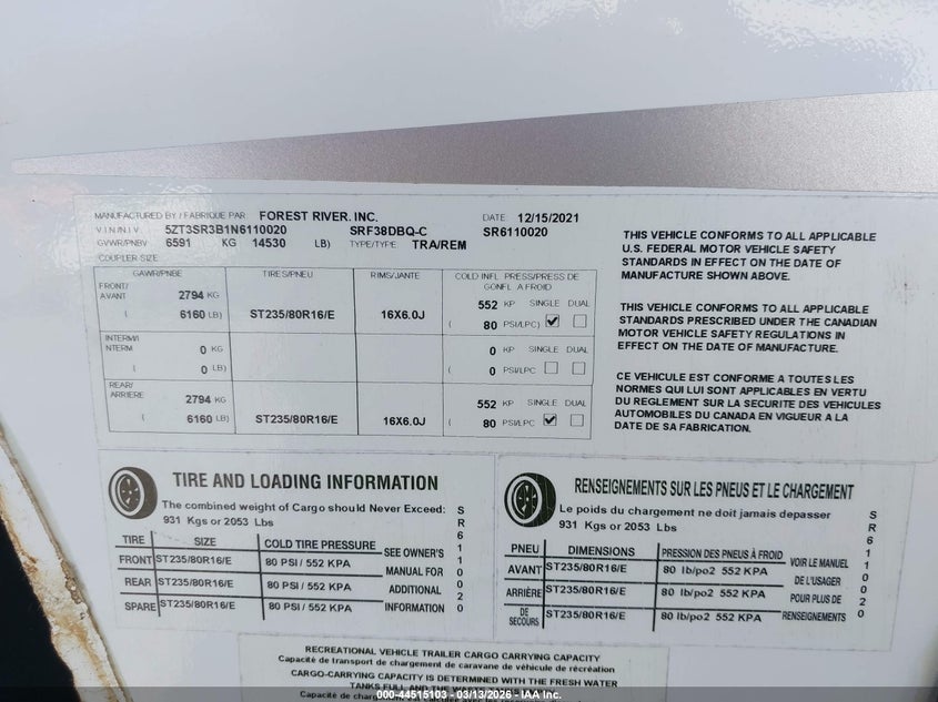 2022 OTHER FOREST RIVER SABRE TRAILER N/A