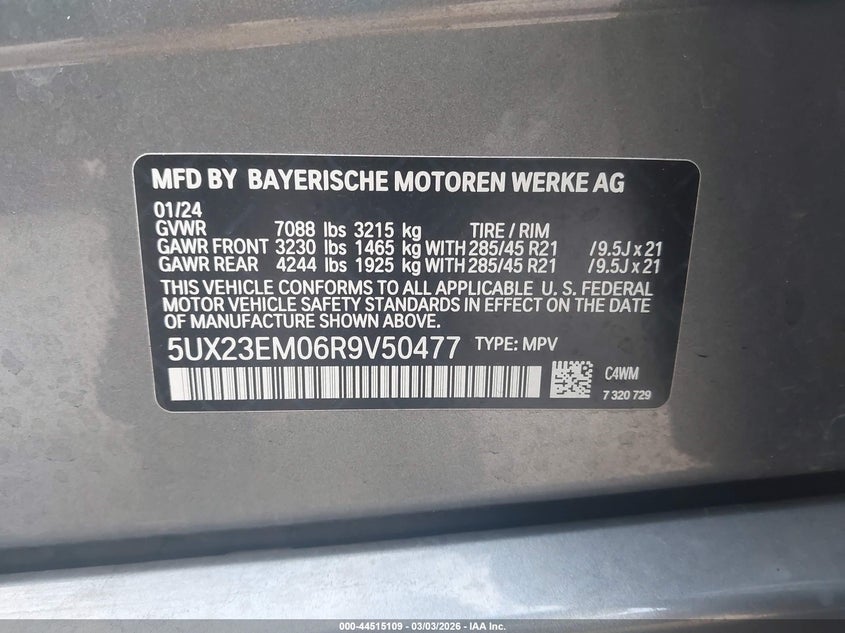 2024 BMW X7 xDrive40I VIN: 5UX23EM06R9V50477 Lot: 44515109