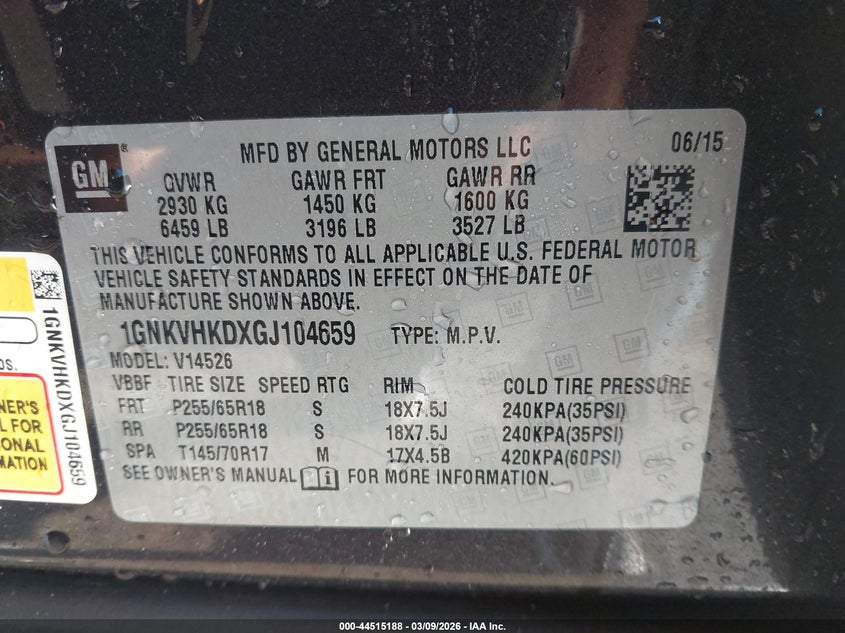 2016 Chevrolet Traverse 2Lt VIN: 1GNKVHKDXGJ104659 Lot: 44515188