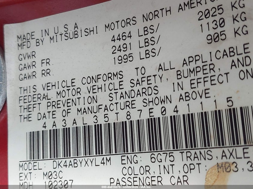 2007 Mitsubishi Eclipse Spyder Gt VIN: 4A3AL35T87E041115 Lot: 44515375