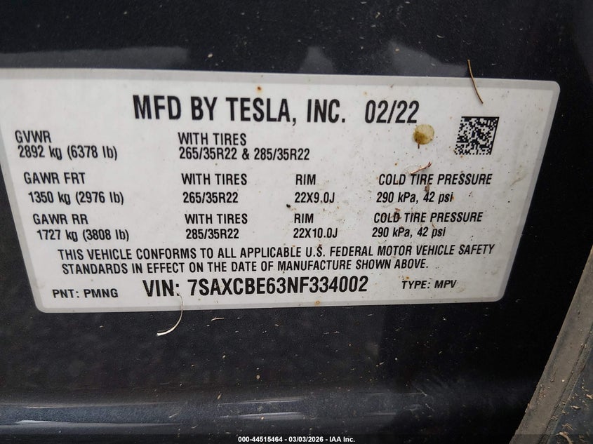 2022 Tesla Model X Plaid Tri Motor All-Wheel Drive VIN: 7SAXCBE63NF334002 Lot: 44515464