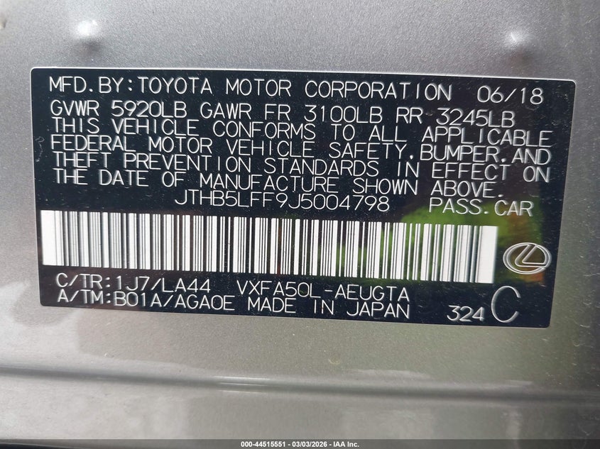 2018 Lexus Ls 500 VIN: JTHB5LFF9J5004798 Lot: 44515551