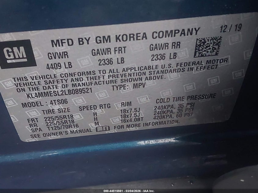 2020 Buick Encore Gx Awd Select VIN: KL4MMESL2LB089521 Lot: 44515561