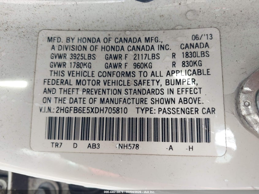 2013 Honda Civic Si VIN: 2HGFB6E5XDH705810 Lot: 44515978