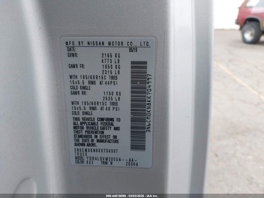 2019 Nissan Nv200 S VIN: 3N6CM0KN8KK704997 Lot: 44516099