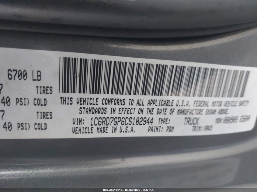 1C6RD7GP6CS102944 2012 Ram 1500 4.7 Ram Slt grey