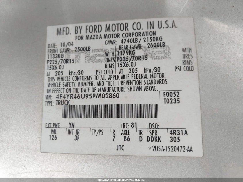 2005 Mazda B3000 VIN: 4F4YR46U95PM02860 Lot: 44516253