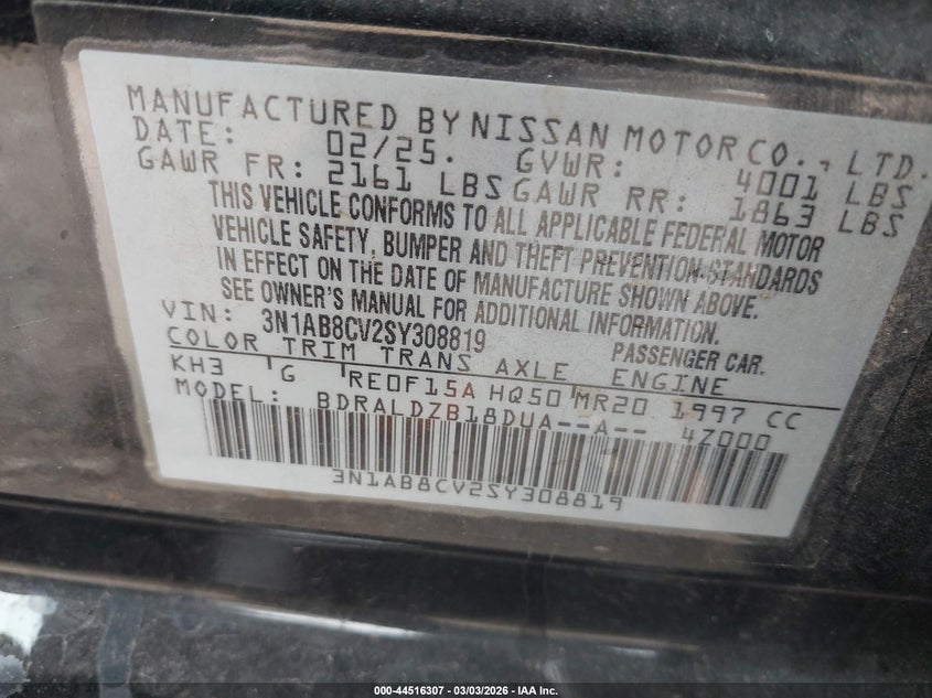 VIN 3N1AB8CV2SY308819 2025 NISSAN SENTRA SV