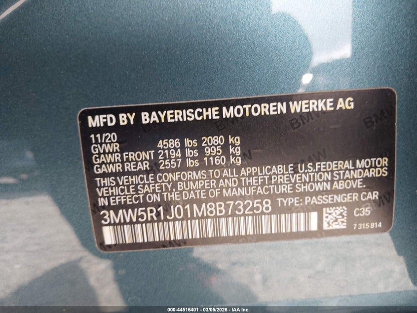 2021 BMW 330I VIN: 3MW5R1J01M8B73258 Lot: 44516401
