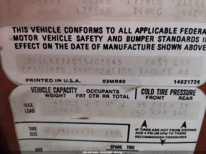 1981 Chevrolet Corvette VIN: 1G1AY8760B5105545 Lot: 44516405