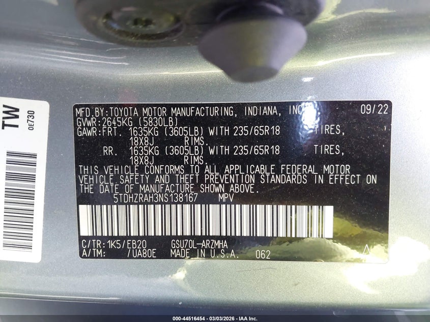 2022 Toyota Highlander Xle VIN: 5TDHZRAH3NS138167 Lot: 44516454