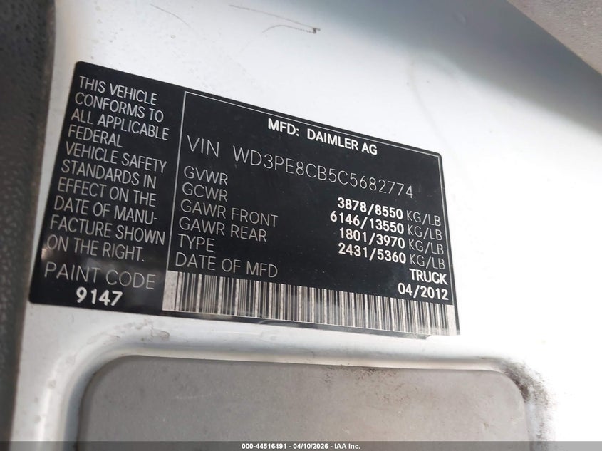 2012 Mercedes-Benz Sprinter 2500 High Roof VIN: WD3PE8CB5C5682774 Lot: 44516491