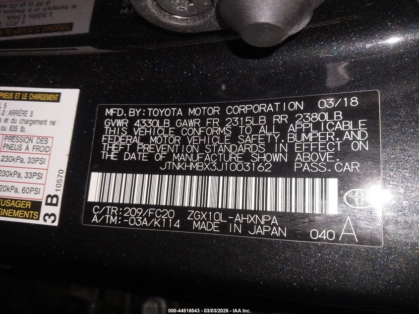 2018 Toyota C-Hr Xle VIN: JTNKHMBX3J1003162 Lot: 44516543