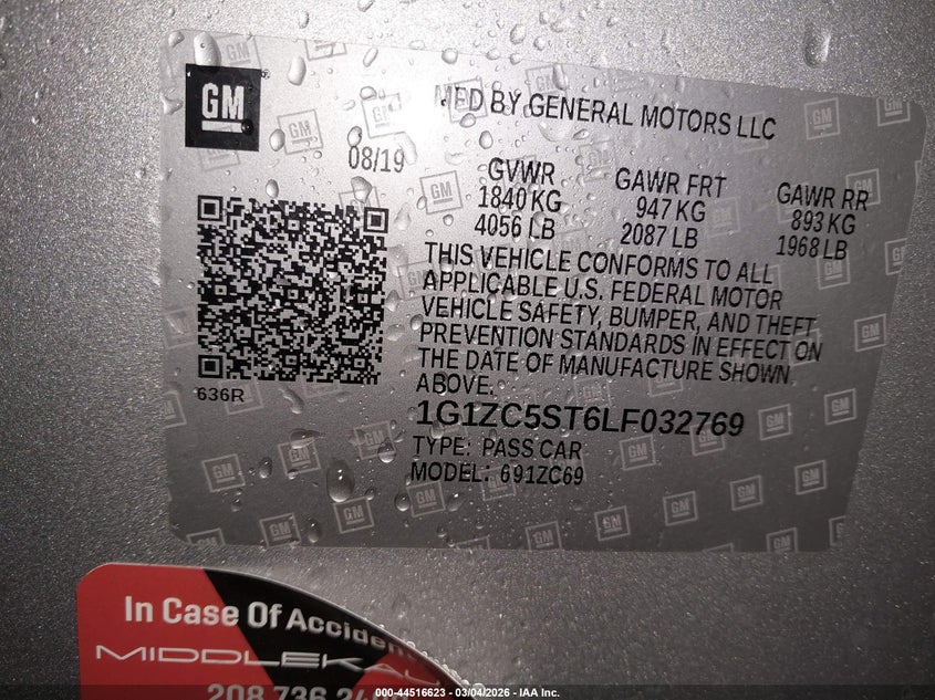 2020 Chevrolet Malibu Fwd 1Fl VIN: 1G1ZC5ST6LF032769 Lot: 44516623