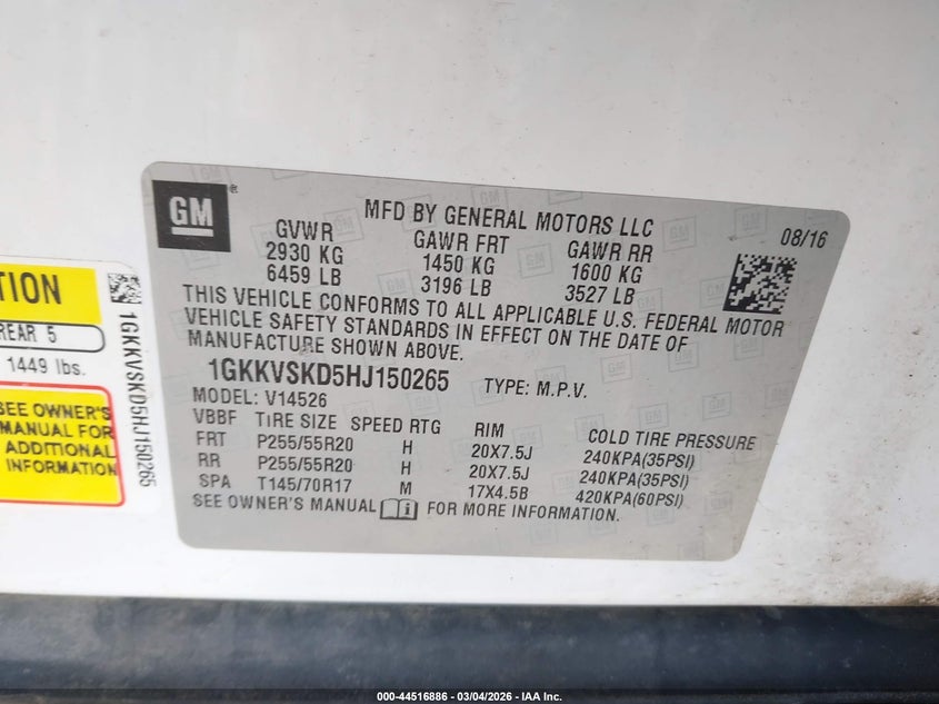 2017 GMC Acadia Limited VIN: 1GKKVSKD5HJ150265 Lot: 44516886