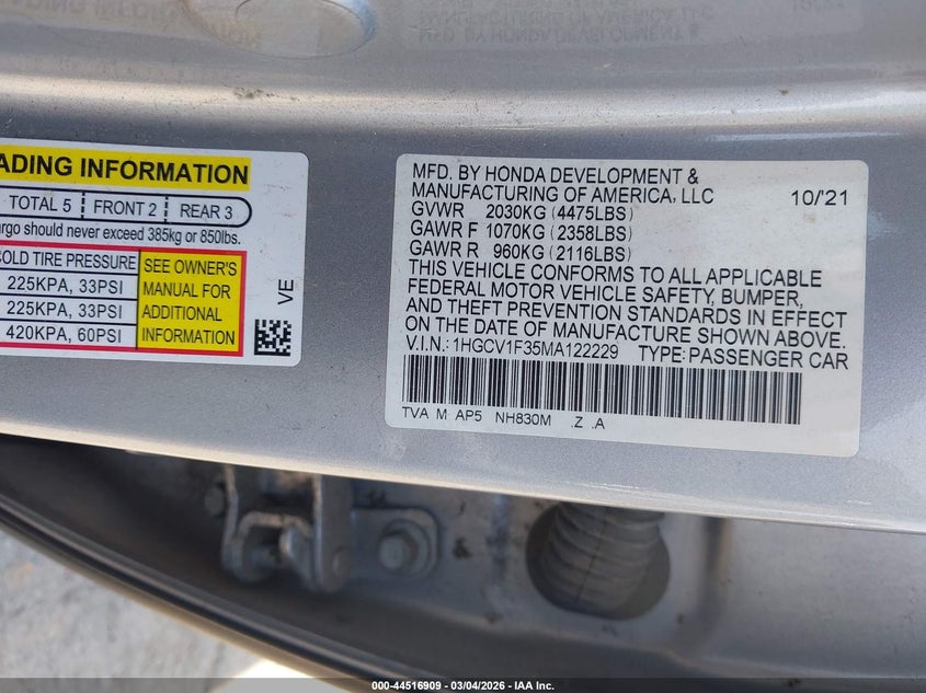 VIN 1HGCV1F35MA122229 2021 HONDA ACCORD SPORT