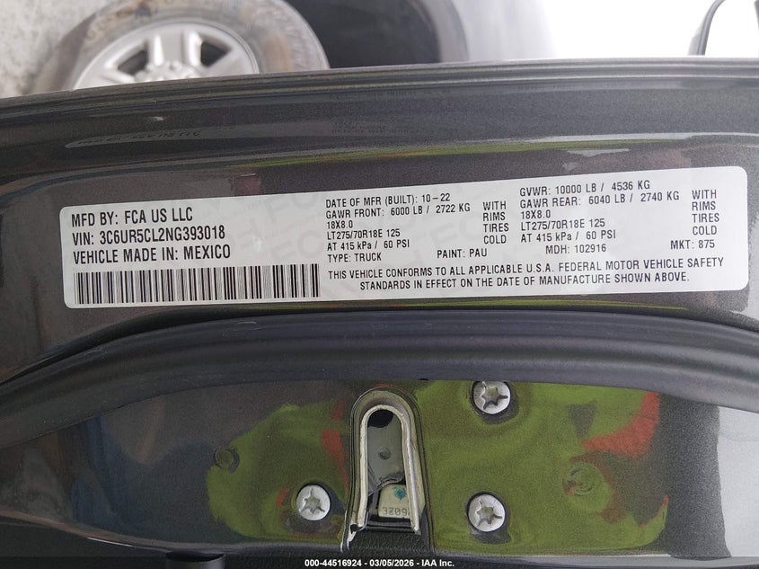 2022 Ram 2500 Tradesman 4X4 6'4 Box VIN: 3C6UR5CL2NG393018 Lot: 44516924