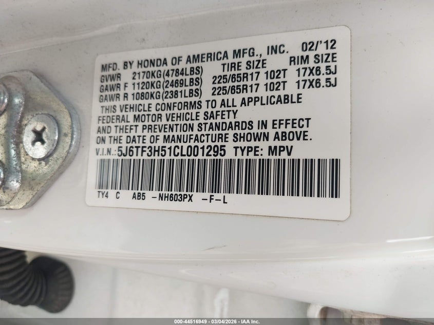 2012 Honda Crosstour 2.4 Ex-L VIN: 5J6TF3H51CL001295 Lot: 44516949